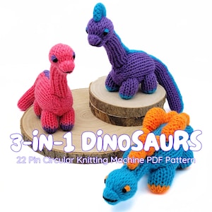 3-in-1 Dinosaur 22 pin Circular Knitting Machine PDF Pattern Designed to be Made Using the Addi Express, Sentro or Other Similar Machines