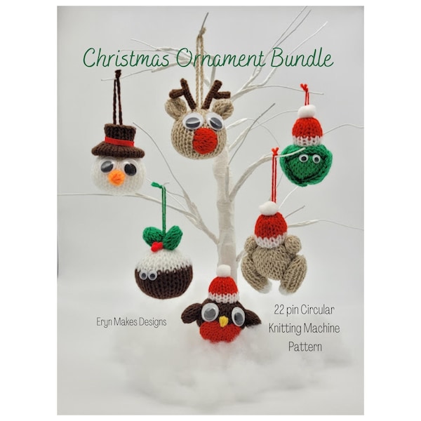 Christmas Ornament Bundle 22 pin Circular Knitting Machine PDF Pattern Robin, Reindeer, Snowman, Turkey, Brussel Sprout, Christmas Pudding