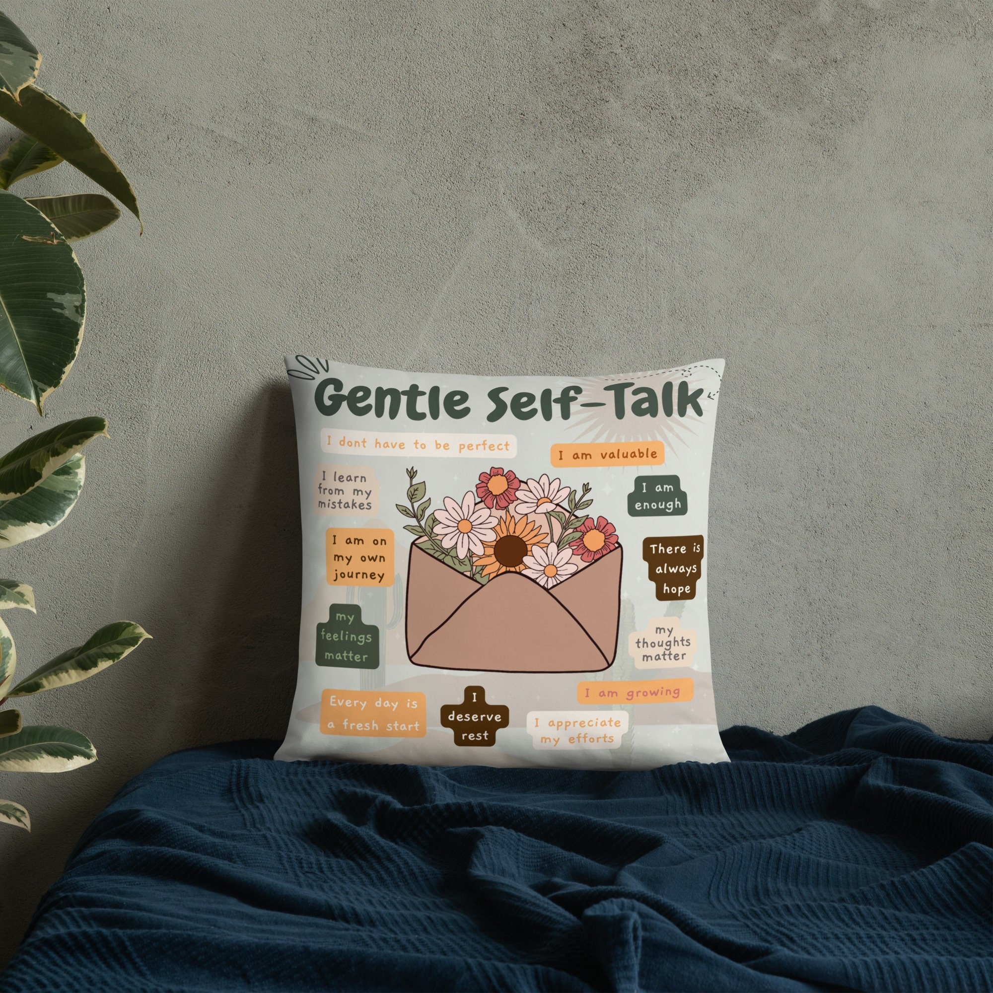 Positive Self-Talk Psychology Pillow, Therapist Room Cushion, Floral Room Cactus Decoration