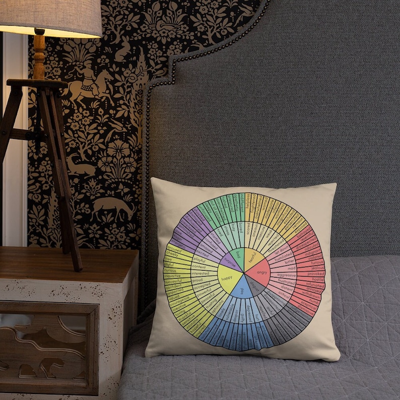 May include: A beige throw pillow with a colorful wheel of emotions printed on it. The wheel is divided into eight sections, each with a different color and a list of words describing emotions. The words include happy, sad, angry, scared, excited, calm, and more.