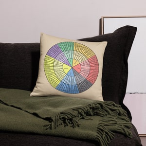 May include: A beige throw pillow with a colorful wheel of emotions printed on it. The wheel is divided into sections, each with a different color and a list of emotions. The emotions are arranged in a circle around the center of the wheel, which is labeled "happy".
