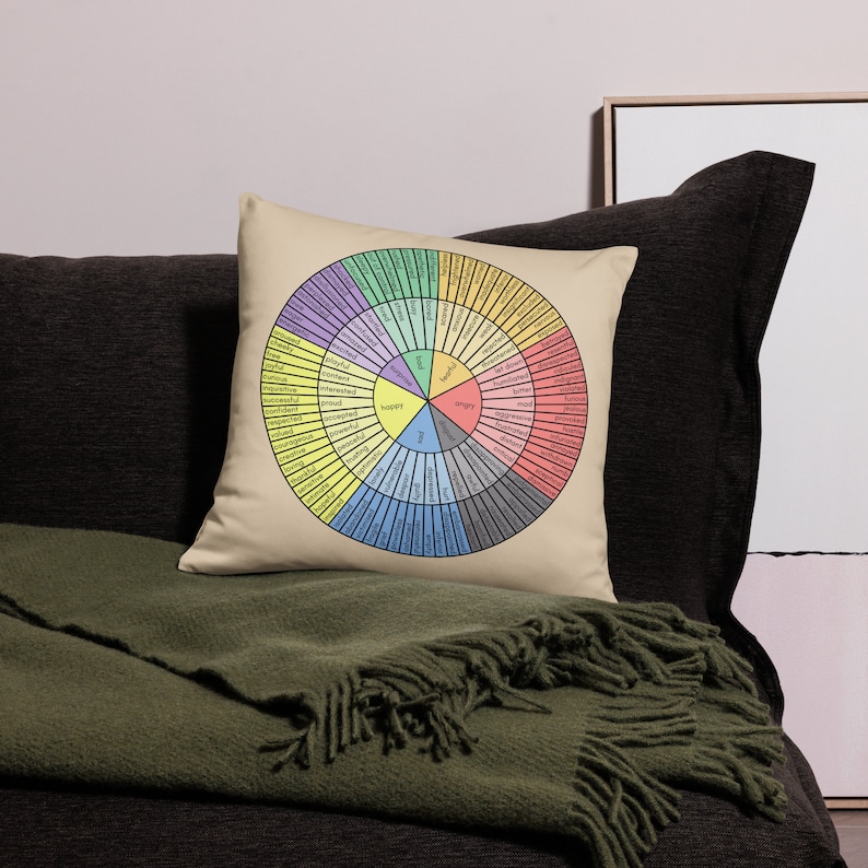 May include: A beige throw pillow with a colorful wheel of emotions printed on it. The wheel is divided into sections, each with a different color and a list of emotions. The emotions are arranged in a circle around the center of the wheel, which is labeled "happy".