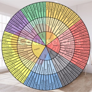 May include: A colorful wheel with 36 sections, each containing a word describing a human emotion. The words are arranged in a circle, with the most positive emotions at the top and the most negative emotions at the bottom. The wheel is a helpful tool for understanding and identifying emotions.