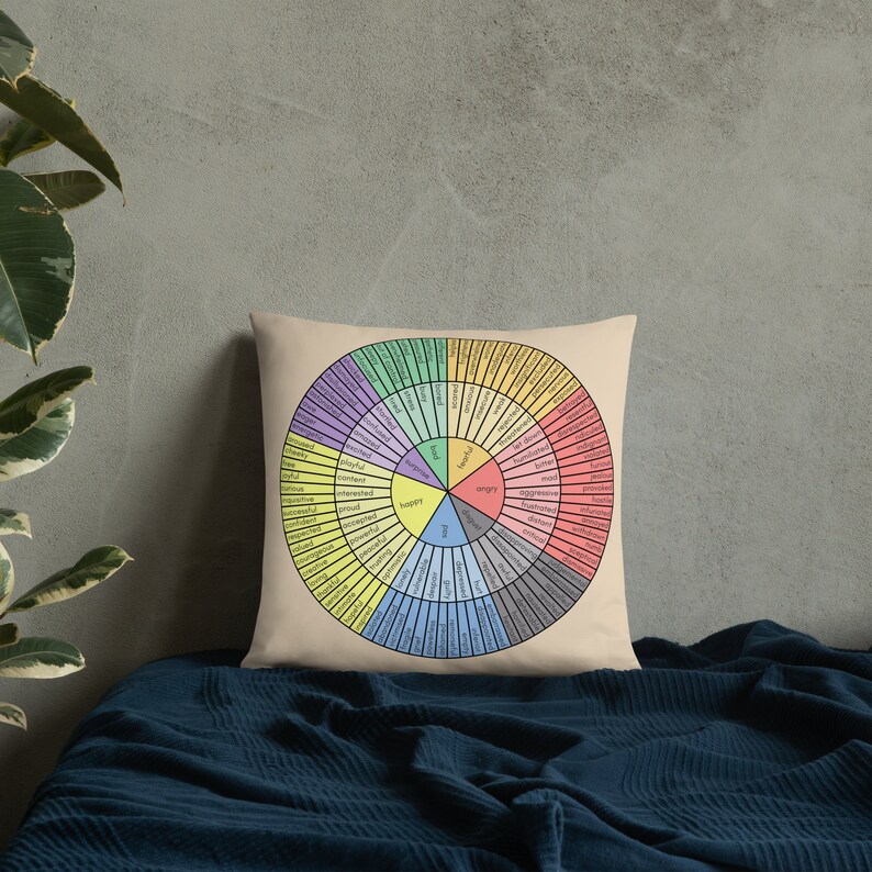 May include: A beige throw pillow with a colorful wheel of emotions printed on it. The wheel is divided into sections with different colors and words describing various emotions, such as happy, sad, angry, and scared.