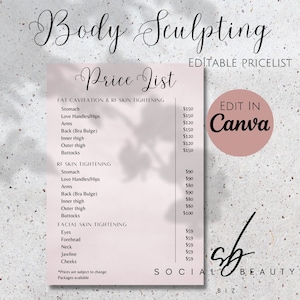 Body Sculpting Pricelist, Body Contouring, Wood Therapy, Radio Frequency, Ultrasonic Fat Cavitation, Editable, Digital Template