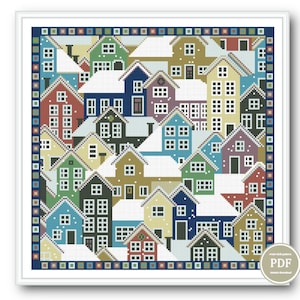 Winter City Cross Stitch Pattern PDF – Cozy Colorful House Sampler, Modern Nordic Embroidery Design, Instant Download Urban Stitch Chart 58