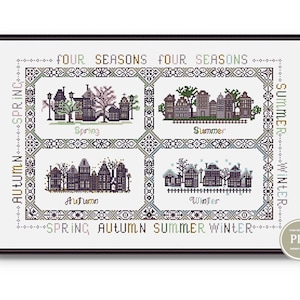 Può includere: Schema di punto croce che rappresenta le quattro stagioni con una scena di una piccola città in ogni quadrato. Le stagioni sono primavera, estate, autunno e inverno. Lo schema è intitolato "Four Seasons Four Seasons".