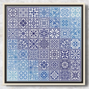 Patrón de punto de cruz azul de retales, muestra iridiscente, cuadrados populares degradados azules, gráfico de punto de cruz de azulejo, bordado Simple Quaker