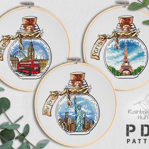 Set di 3 punti croce Capital City, schema punto croce bottiglia PDF, punto croce Parigi, Statua della libertà, punto croce Londra, Routemaster