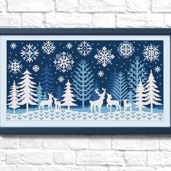 Winter sampler cross stitch pattern PDF Winter Forest cross stitch pattern Snowflakes xstitch Simple embroidery Deer cross stitch Counted