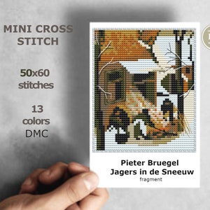May include: A cross stitch pattern of a fragment of Pieter Bruegel's painting "Hunters in the Snow". The pattern is 50 stitches wide by 60 stitches high and uses 13 colors of DMC floss.