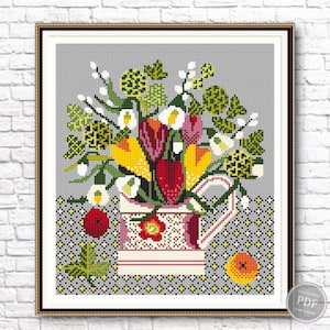 Floral Cross Stitch Pattern PDF #2, Flowers in Vase Embroidery, Beautiful Bouquet Design, Instant Download, Digital DIY Needlework 359