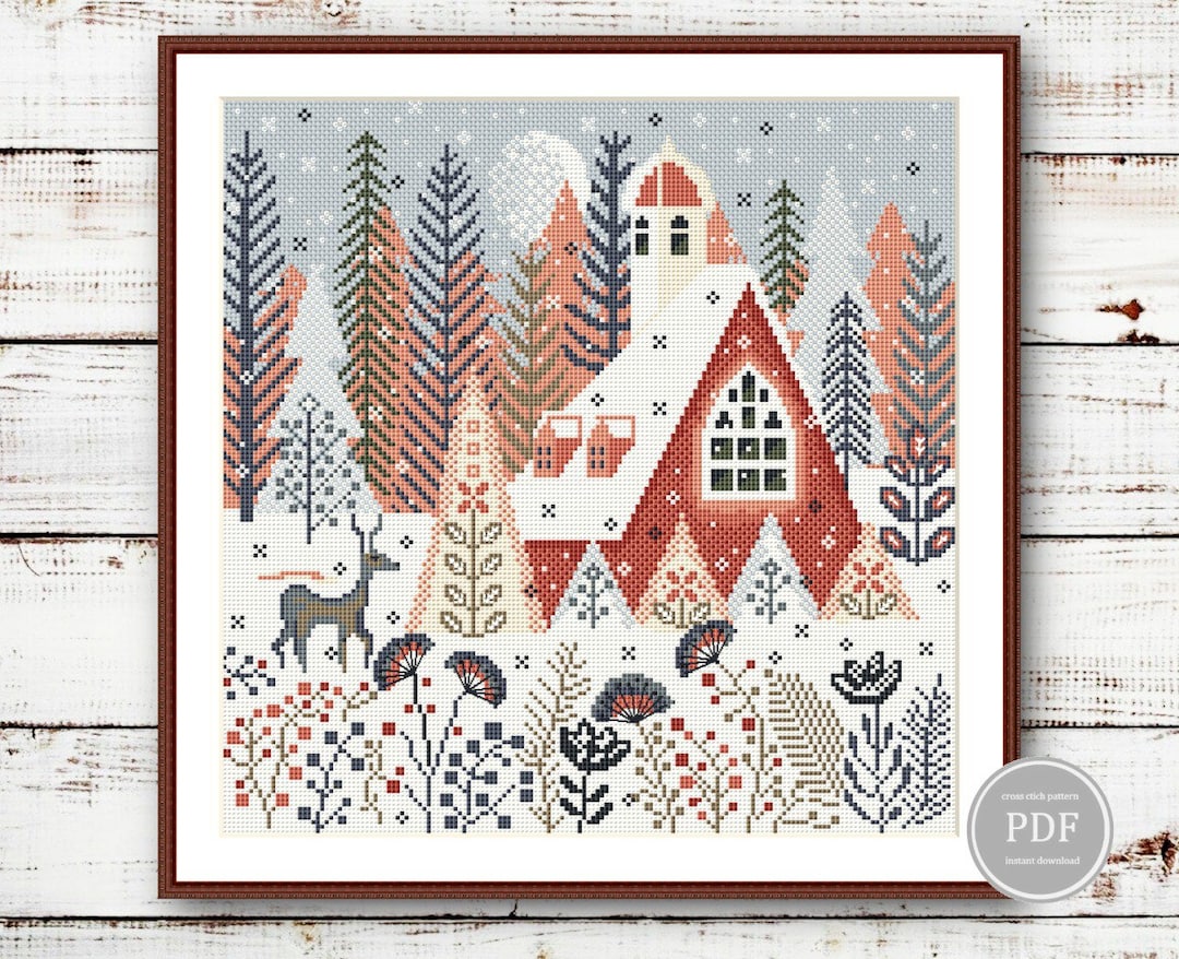 Winter Deer Cross Stitch PDF Pattern – Scandinavian House & Forest ...