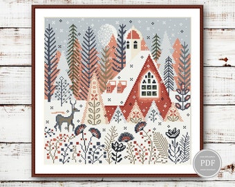 Winter Deer Cross Stitch PDF Pattern – Scandinavian House & Forest Scene – Modern PDF Embroidery for Winter Decor – Instant Download 288