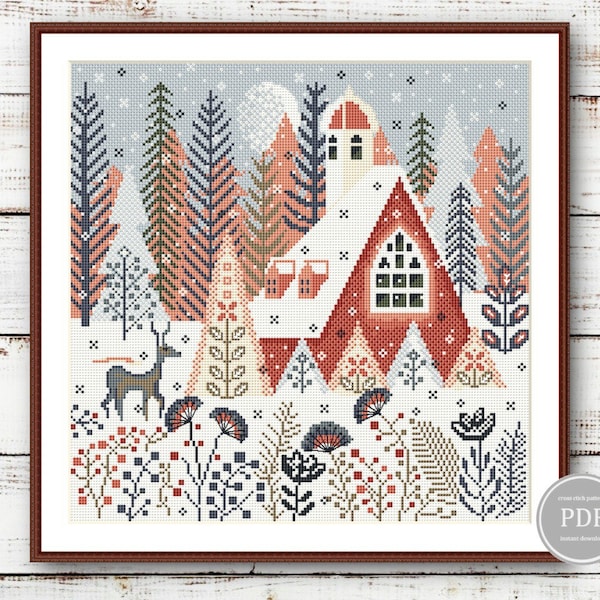 Cross Stitch Pattern PDF Winter, Deer Scandinavian Cross stitch, Winter Village Cross stitch, Winter House Cross Stitch Digital File