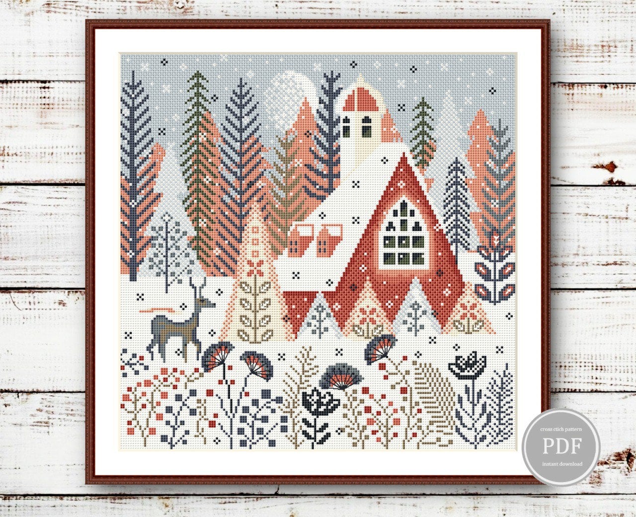 Winter Deer Cross Stitch PDF Pattern – Scandinavian House & Forest ...