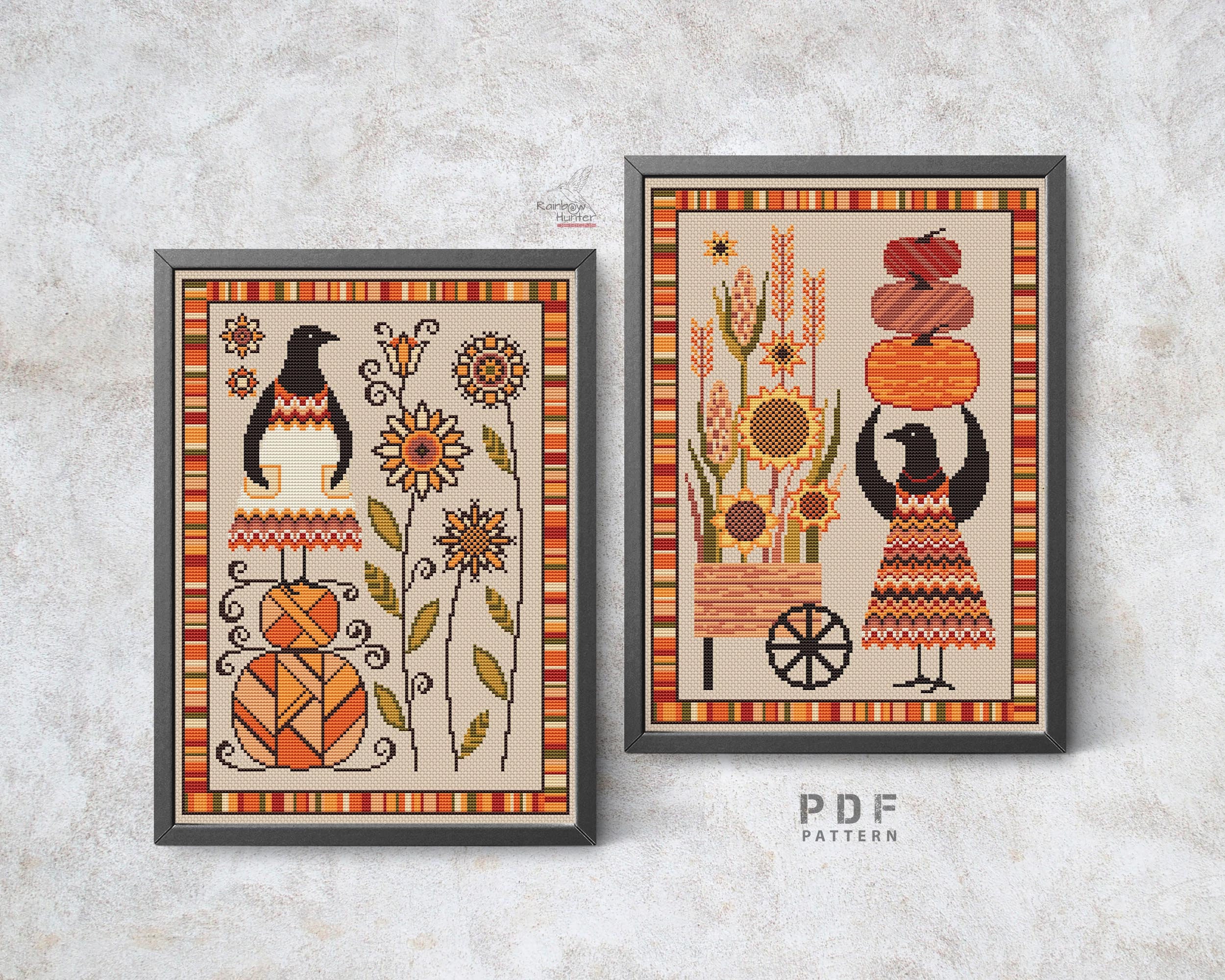 Cross Stitch Pattern PDF Crow Embroidery Design Autumn Harvest Pumpkins ...