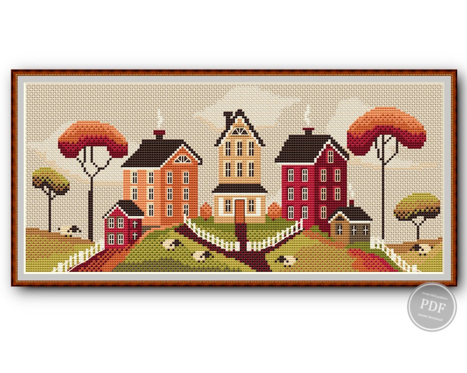 Autumn Village Cross Stitch Pattern PDF #4 - Fall Embroidery Sampler ...
