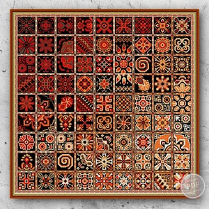 Patrón de punto de cruz (PDF) – Cuadrados de patchwork rojos, azulejos étnicos, gráfico contado, decoración moderna para el hogar, descarga digital 323