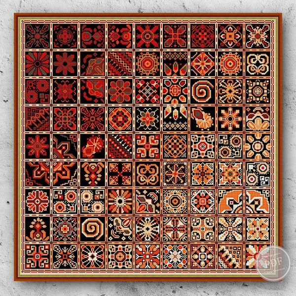 Sampler Cross Stitch Patchwork Tiles Geometric Squares Red - Ethnic Folk Art design PDF counted chart