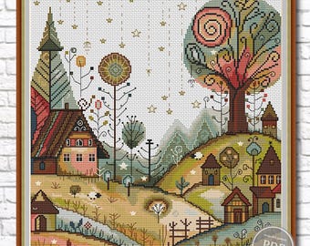 Fairytale Village Cross Stitch Pattern PDF – Modern Counted Chart, Village Houses & Trees, Whimsical landscape sampler, Instant Download