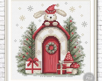 Padrão de Ponto Cruz de Feliz Natal, Coelho e Casa, Árvore de Natal, Bordado Rústico de Inverno em PDF, Download Instantâneo 545