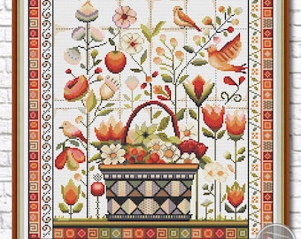 Padrão de Ponto Cruz de Flores. Amostra de Flores em Estilo Popular nº 2. Ponto Cruz em Estilo Popular. Floral Primitivo. Download instantâneo em PDF - Amostra 534