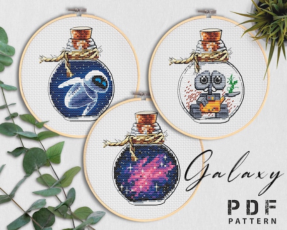 Preview of Galaxy cross stitch set of 3, Bottle cross stitch pattern PDF, Cute Robot Cross Stitch Chart, Space cross stitch, Galactic xstitch by NARAxStitchPatterns