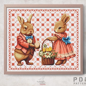 May include: Two brown rabbits dressed in Easter outfits. The rabbit on the left is wearing a red jacket, a blue bow tie, and is holding a decorated egg. The rabbit on the right is wearing a pink dress with a blue bow and is holding a basket of eggs and flowers.