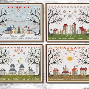 Cross stitch Season set of 4 Village cross stitch Primitive xstitch Simple embroidery Counted cross stitch chart pattern PDF