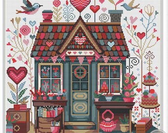 PDF de Ponto Cruz para o Dia dos Namorados: Casa Romântica com Corações e Pássaros, Padrão de Bordado de Amor Encantador, Download Instantâneo, Gráfico Faça Você Mesmo 506