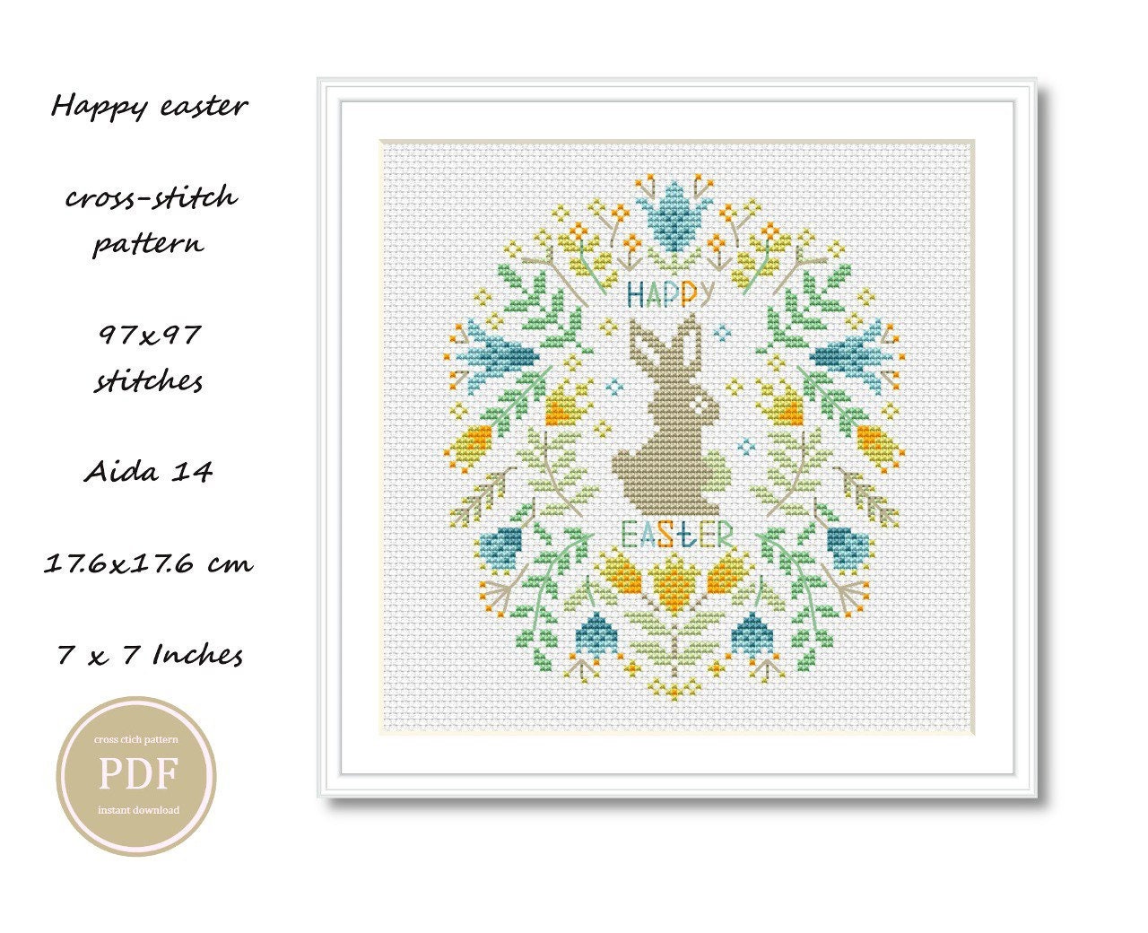 Cross Stitch Pattern Easter Bunny With Flower Wreaths Egg Hunt - Etsy