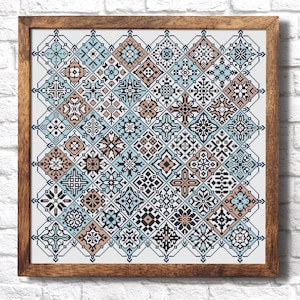 Muestra cuadrada de punto de cruz, patrón de punto de cruz con adorno de mosaico, gráfico de punto de cruz geométrico, punto de cruz simple Quaker