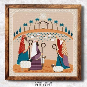 May include: Cross stitch pattern featuring a nativity scene with three shepherds, sheep, and a star. The shepherds are wearing colorful robes and holding staffs. The scene is set against a background of trees and a starry sky.
