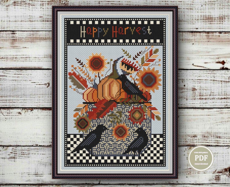 Cross Stitch Pattern Autumn Harvest Sunflowers Pumpkins and Crow Happy ...