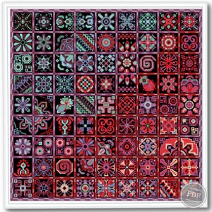 May include: A colorful cross-stitch pattern with a variety of geometric designs in shades of red, pink, blue, and green. The pattern is arranged in a grid of 9x9 squares.