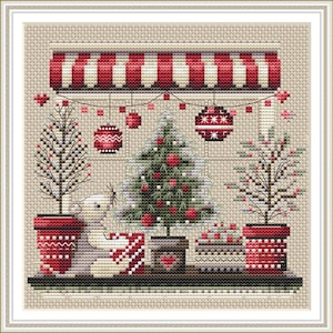 May include: Cross-stitch design featuring a Christmas scene with a red and white striped awning, decorated Christmas trees, ornaments, and potted plants. The color palette includes red, green, white, and brown, creating a festive holiday theme.
