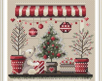 Gráfico em PDF de ponto cruz de rato de Natal, vitrine de loja de inverno, árvore de Natal, gráfico de bordado natalino rústico, download instantâneo em PDF 546