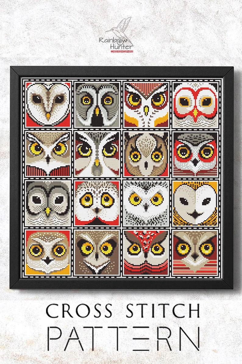 Puede incluir: Un patr&oacute;n de punto de cruz con 16 dise&ntilde;os diferentes de b&uacute;hos. Cada b&uacute;ho se representa en un marco cuadrado con un esquema de color rojo, blanco y negro. El patr&oacute;n se titula "Cross Stitch Pattern".