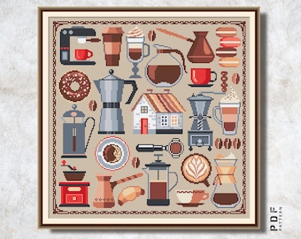 Coffee cross stitch pattern PDF Kitchen stitching Coffee lovers embroidery Coffee sampler cross stitch chart Instant download