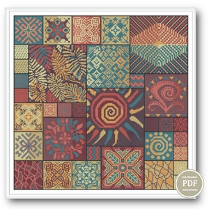 African Ethnic Cross Stitch Sampler PDF, Tribal Geometric Tile Pattern, Bold Folk Art Embroidery Chart, Instant Digital Download Design 118