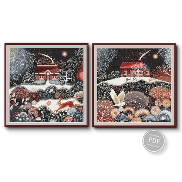 Set 2 Patterns Winter Cross Stitch, Scandinavian Style Hare, Owl,  Winter Forest Cross Stitch, Modern Winter House Cross Stitch, Digital PDF