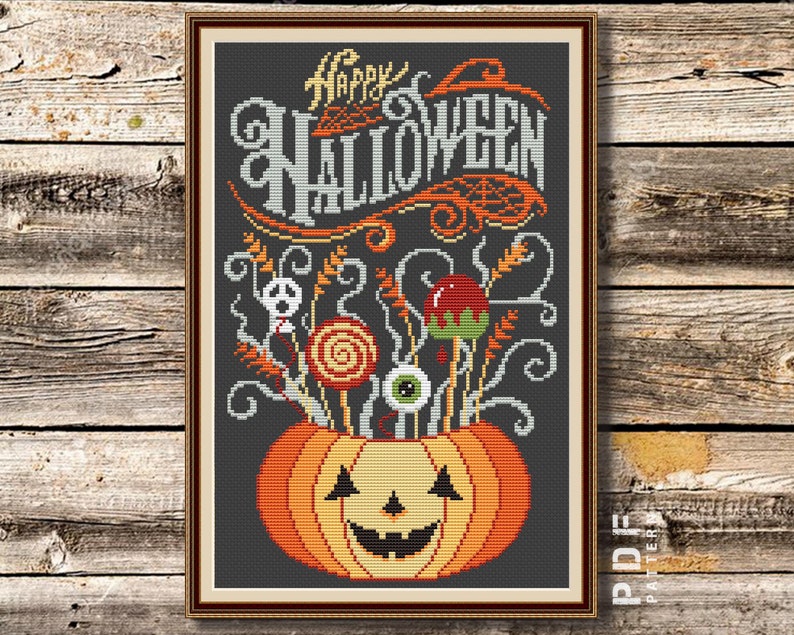 Happy Halloween Cross Stitch Pattern PDF Pumpkin Embroidery Design ...