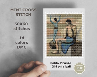 May include: Cross stitch pattern of Pablo Picasso's painting "Girl on a Ball" with 14 colors and 50x60 stitches. The pattern is available as a PDF download.