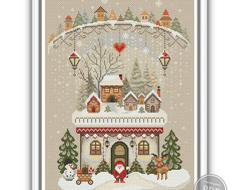 Merry Christmas Cross stitch pattern Winter primitive sampler Embroidery X-mas Winter houses Gnome Snowman Reindeer Instant download PDF
