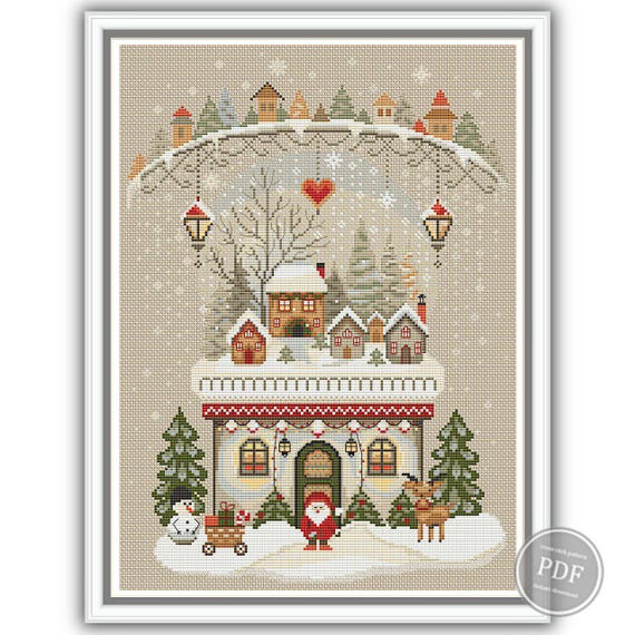 Preview of Merry Christmas Cross stitch pattern Winter primitive sampler Embroidery X-mas Winter houses Gnome Snowman Reindeer Instant download PDF by NARAxStitchPatterns