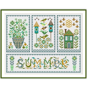 Kreuzstich Sommermuster PDF - Primitives Blumen- und Vogelhaus Design, anfängerfreundliche Stickerei, digitaler Download #168