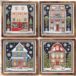 Christmas cross stitch pattern Set of 4 Christmas house Winter cross stitch chart Easy cross stitch Simple embroidery Digital download