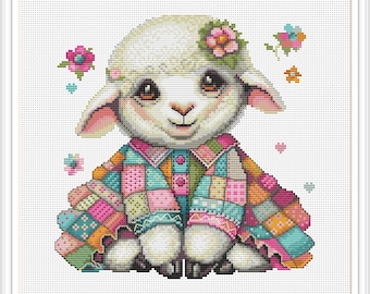 Gráfico de Ponto Cruz em PDF para Bebê Cordeirinho - Amostra Moderna para Decoração de Quarto Infantil, Patchwork, Bordado de Ovelha, Presente DIY para Recém-Nascido 556