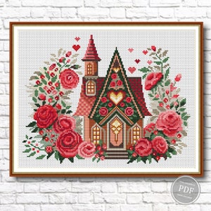 Rose Cottage Cross Stitch PDF, Romantyczny wzór kwiatowy na dom, Haft z różami i magią, Nowoczesna tabela bajek, Natychmiastowe pobieranie 433